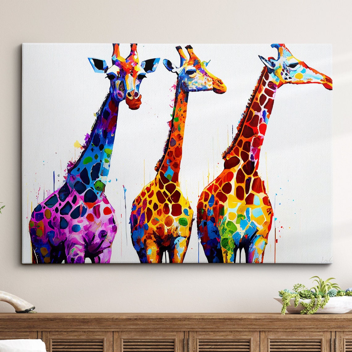 Three Colorful Abstract Giraffes Rainbow Pop Art Poster Decor
