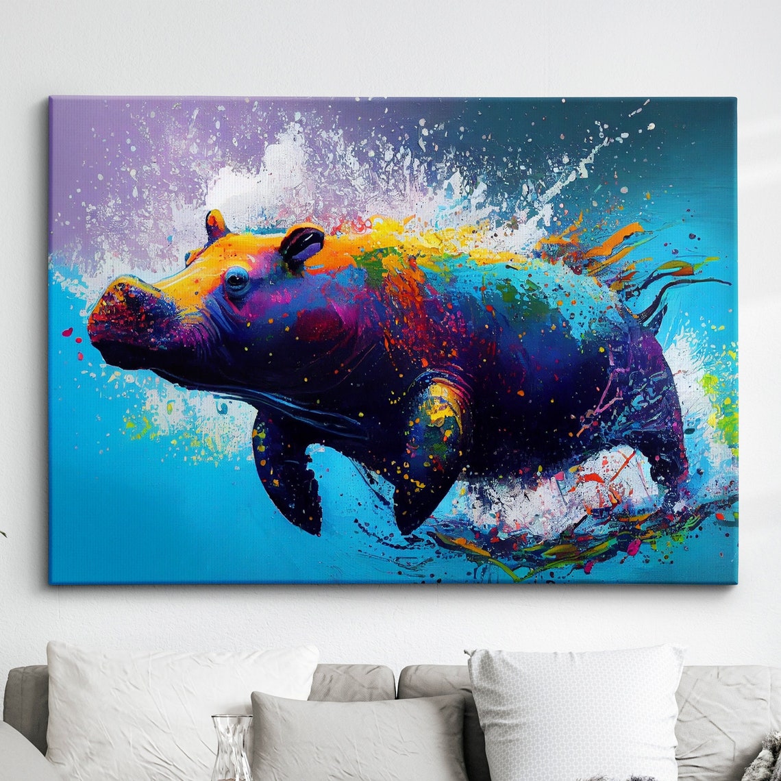 Swimming Hippo Colorful Splatter Paint Wildlife Abstract Wall Poster