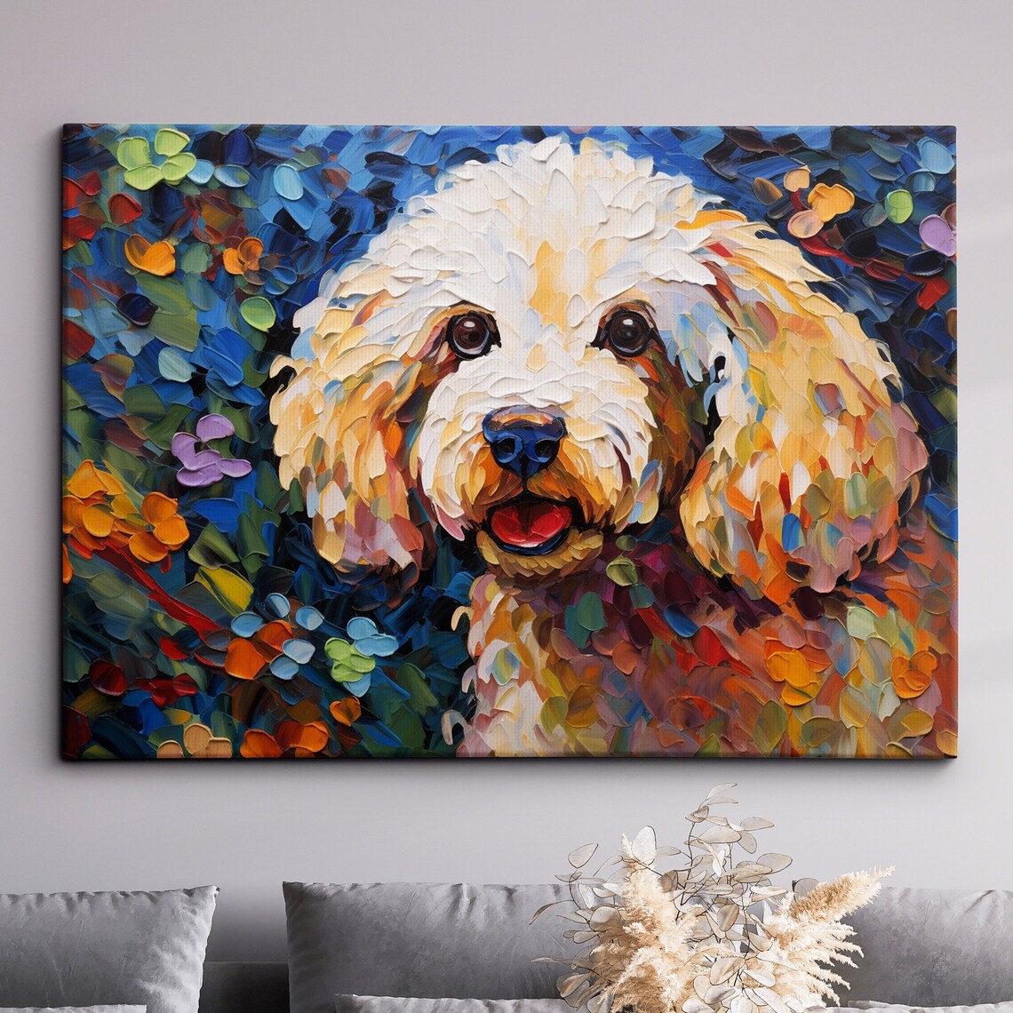 Cream Poodle Dog Floral Impasto Painting Portrait Happy Wall Art