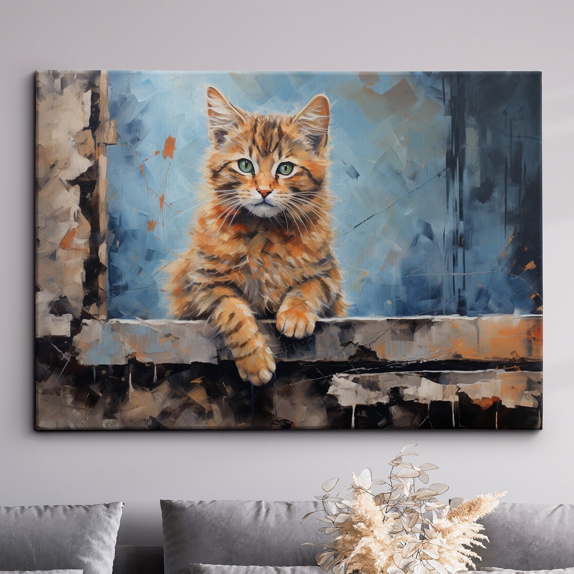 Cat Next Sat On A Wall Animal Pet Abstract Modern Painting Art Framed Canvas Poster Print Home Kitchen Office Room Decor Gifts