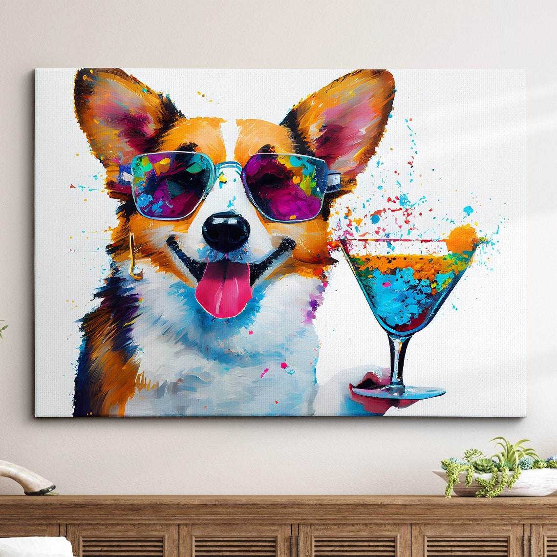 Corgi Dog Wearing Sunglasses Holding Cocktail Funny Art Poster