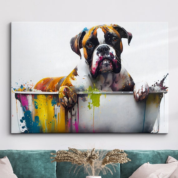 Boxer In Bathtub Abstract Dog Pet Animal Painting Splatter Wall Art Framed Canvas Poster Print Home Kitchen Office Room Decor Gifts