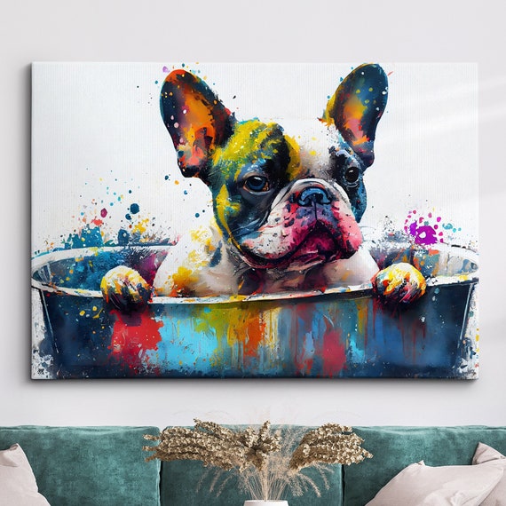 French Bulldog Bathtub Abstract Dog Pet Animal Painting Splatter Wall Art Framed Canvas Poster Print Home Kitchen Office Room Decor Gifts
