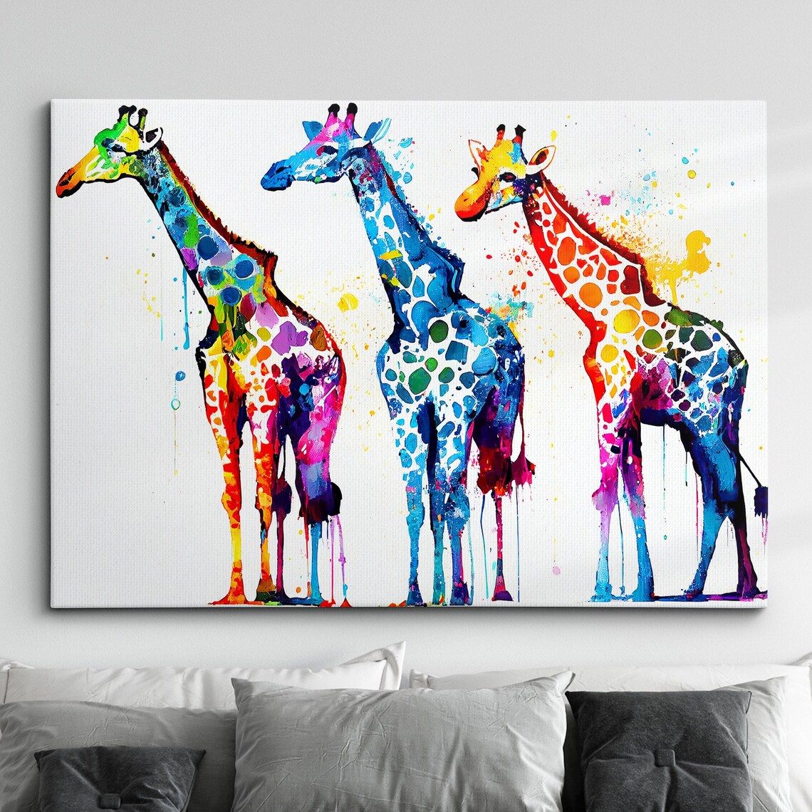 Trio of Colorful Giraffes Abstract Painting on White Canvas Wall Art
