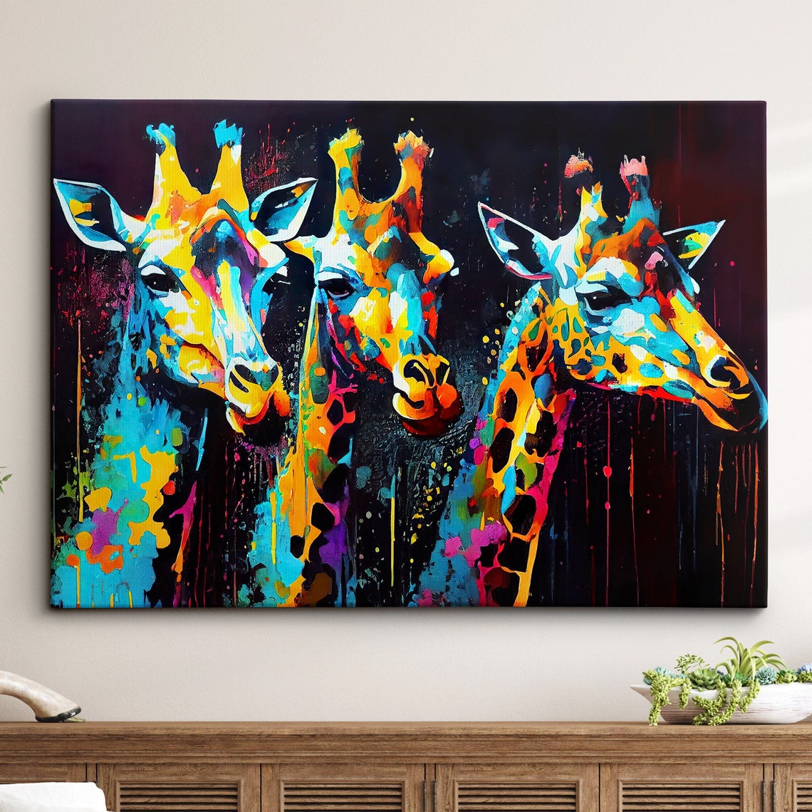 Colorful Giraffe Trio Abstract Paint Splash Safari Animal Poster