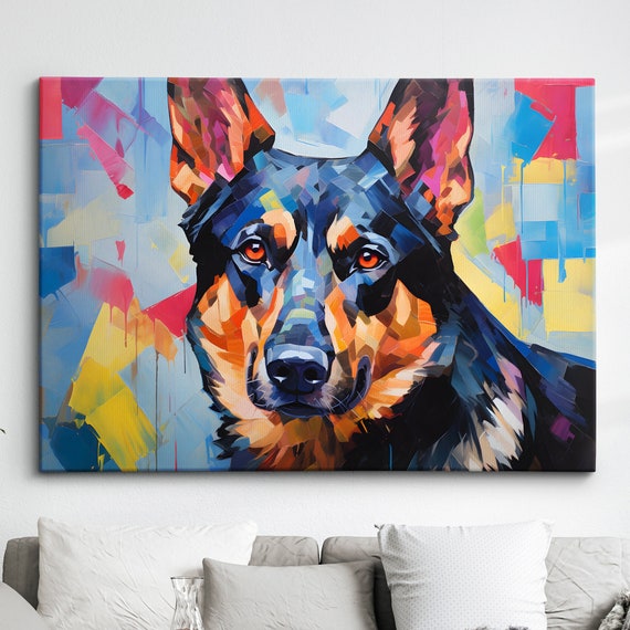 German Shepherd Fun Animal Dog Pet Lover Abstract Oil Painting Wall Art Framed Canvas Poster Print Home Kitchen Office Room Decor Gifts