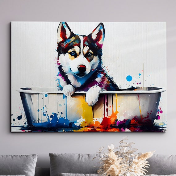 Husky In Bathtub Abstract Dog Pet Animal Painting Splatter Wall Art Framed Canvas Poster Print Home Kitchen Office Room Decor Gifts