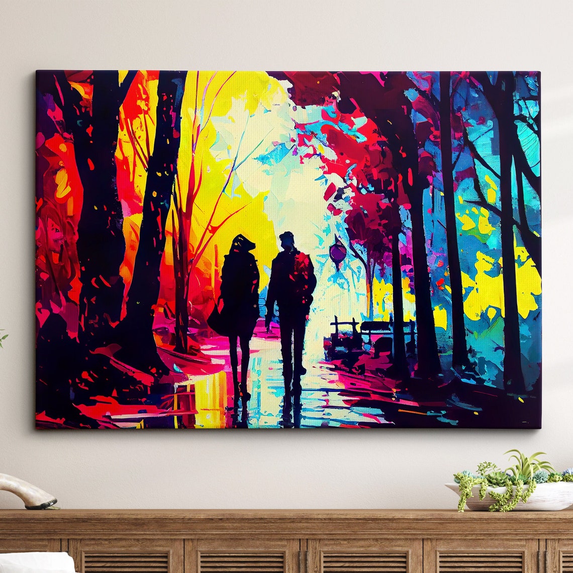 Silhouetted Couple in Rainy Forest Abstract Oil Painting Poster