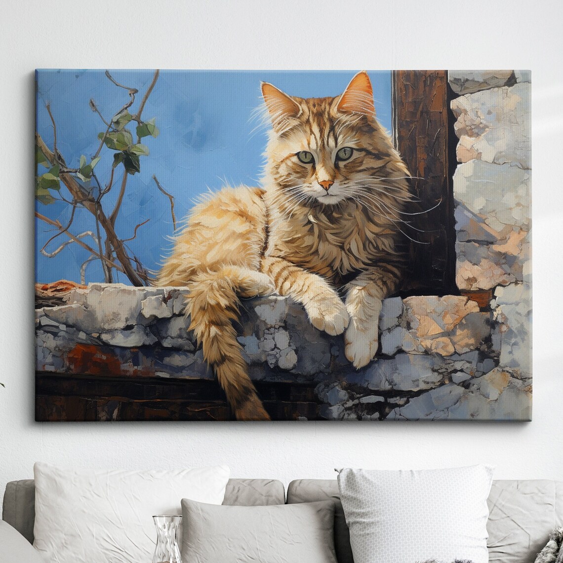 Fluffy Ginger Longhaired Cat Lounging Stone Wall Painterly Art Poster