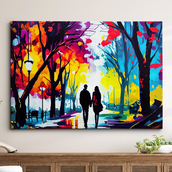 Romantic Couple Walking Colorful Park Abstract Painting Wall Art