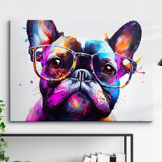 French Bulldog With Glasses Dog Pet Abstract Modern Painting Wall Art Framed Canvas Poster Print Home Kitchen Office Room Decor Gifts