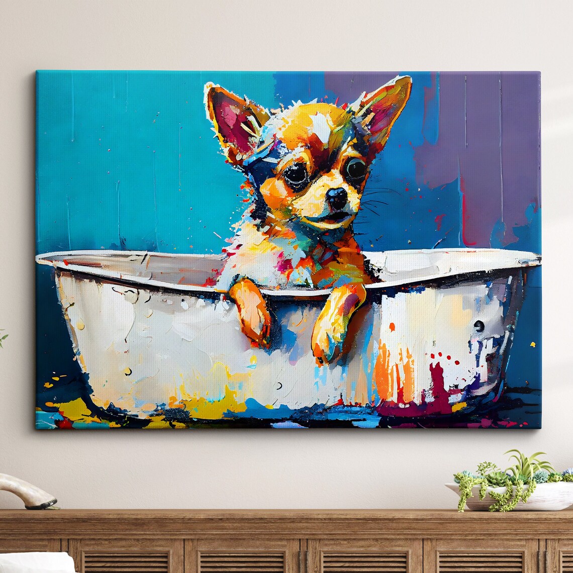 Chihuahua Puppy in Bathtub Colorful Splatter Dog Painting Poster