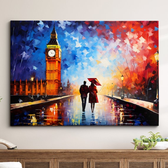 London Big Ben Couple Walking Red Umbrella Romantic Night Painting Poster
