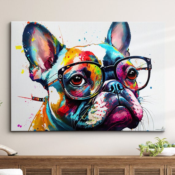 French Bulldog With Glasses Dog Pet Abstract Modern Painting Wall Art Framed Canvas Poster Print Home Kitchen Office Room Decor Gifts