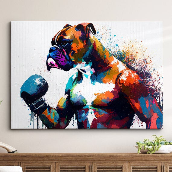 Boxer Boxing Gloves Abstract Dog Pet Animal Painting Splatter Wall Art Framed Canvas Poster Print Home Kitchen Office Room Decor Gifts