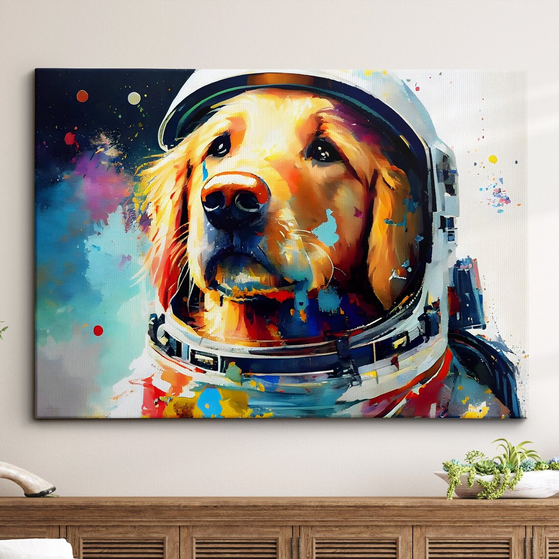 Golden Retriever Astronaut Helmet Whimsical Cosmic Dog Art Poster