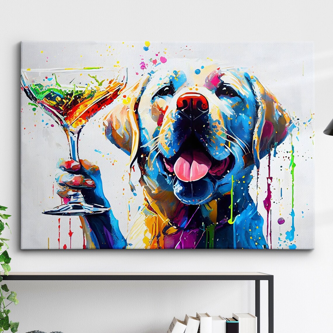 Happy Labrador Raising Cocktail Glass Colorful Funny Dog Art Poster