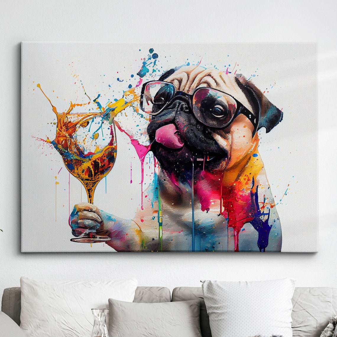 Cool Pug in Sunglasses Holding a Wine Glass Colorful Pop Art Poster