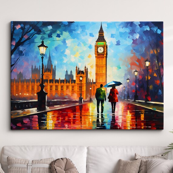 London Big Ben Couple Under Umbrella Rainy Night Oil Painting Wall Poster