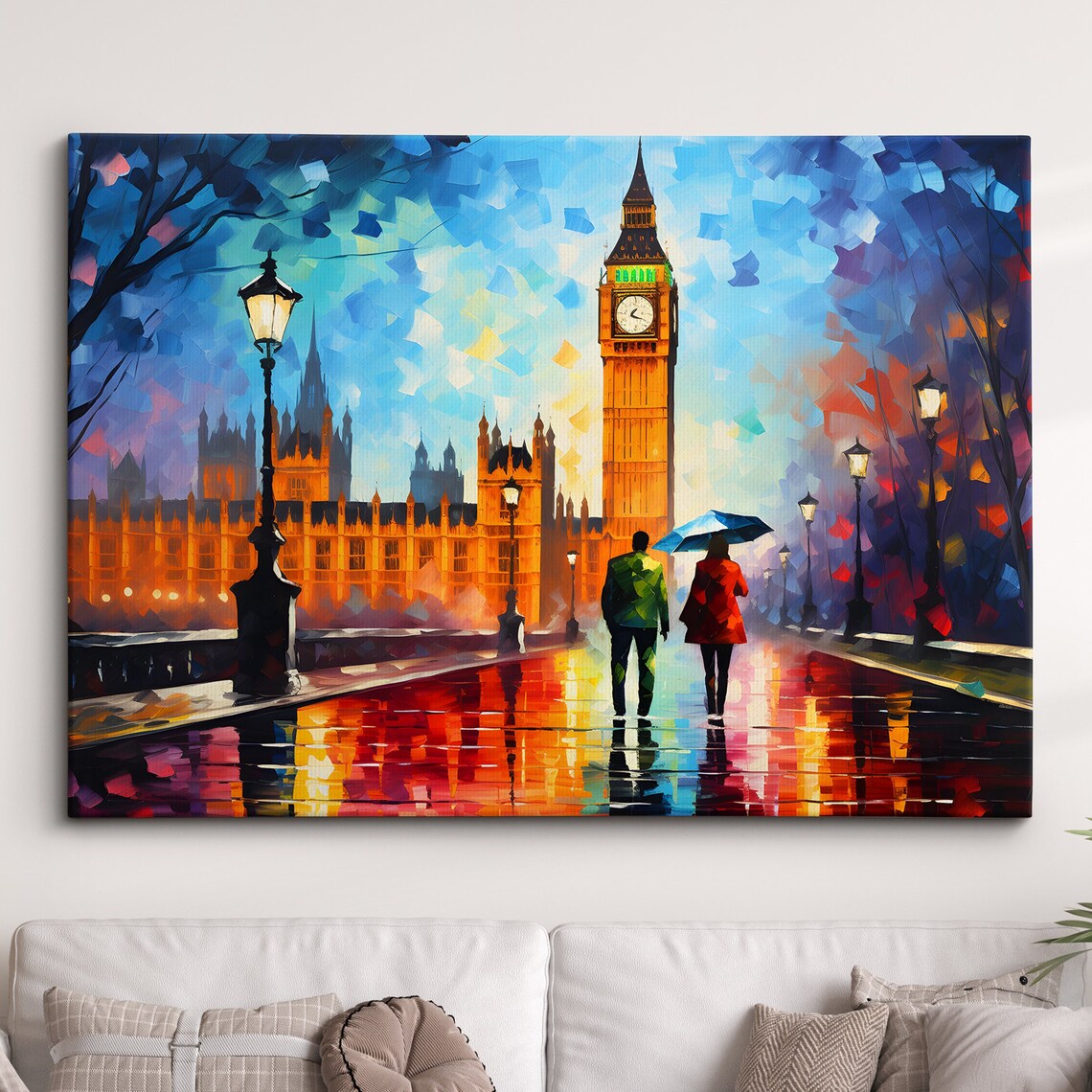 London Big Ben Couple Under Umbrella Rainy Night Oil Painting Wall Poster