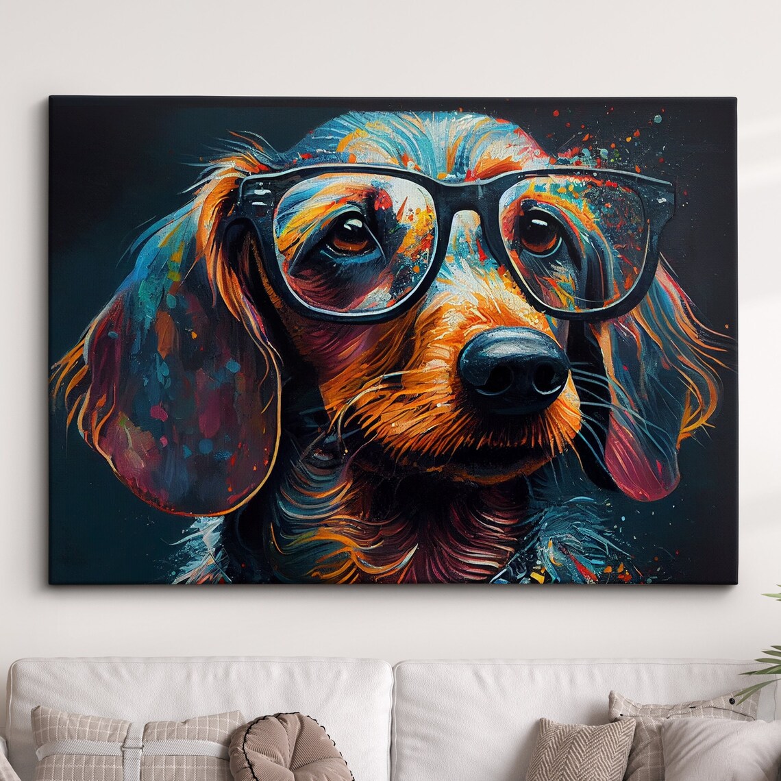 Professor Sausage Dog Wearing Glasses Neon Pop Art Portrait Poster