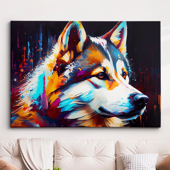 Siberian Husky Abstract Dog Pet Animal Painting Colorful Splatter Wall Art Framed Canvas Poster Print Home Office Room Decor Gifts