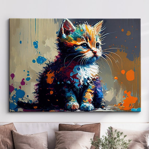 Cute Kitten Animal Pet Abstract Modern Painting Wall Art Framed Canvas Poster Print Home Kitchen Office Room Decor Gifts