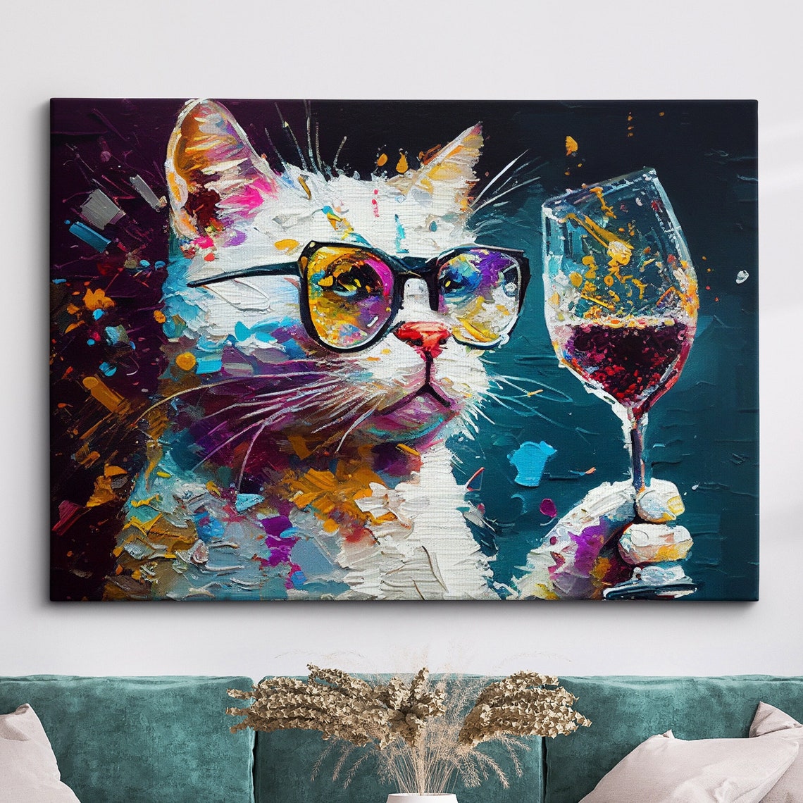 Cat Drinking Wine Pet Abstract Modern Painting Wall Art Framed Canvas Poster Print Home Kitchen Office Room Decor Gifts