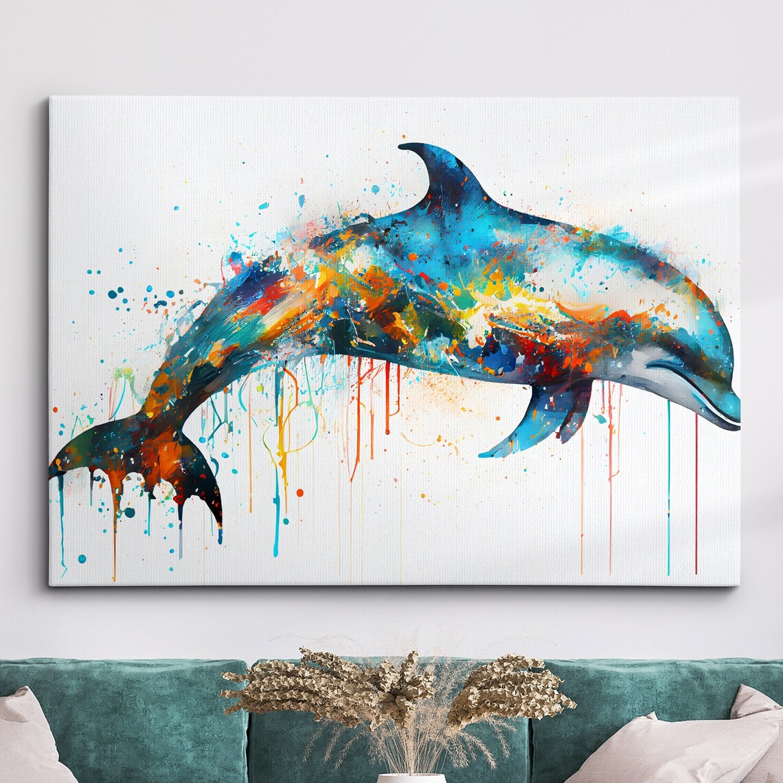 Colorful Dolphin Watercolor Splash Ocean Sea Life Art Poster