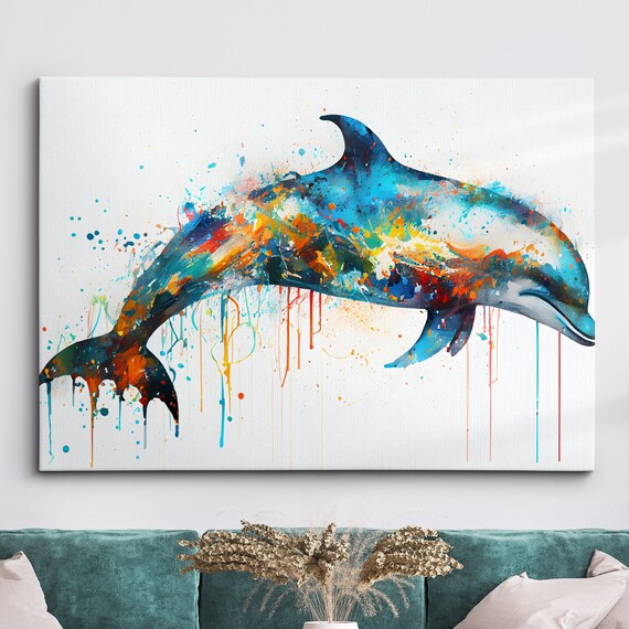 Dolphin Animal Sea Ocean Life Abstract Modern Painting Wall Art Framed Canvas Poster Print Home Kitchen Office Room Decor Kids Gifts