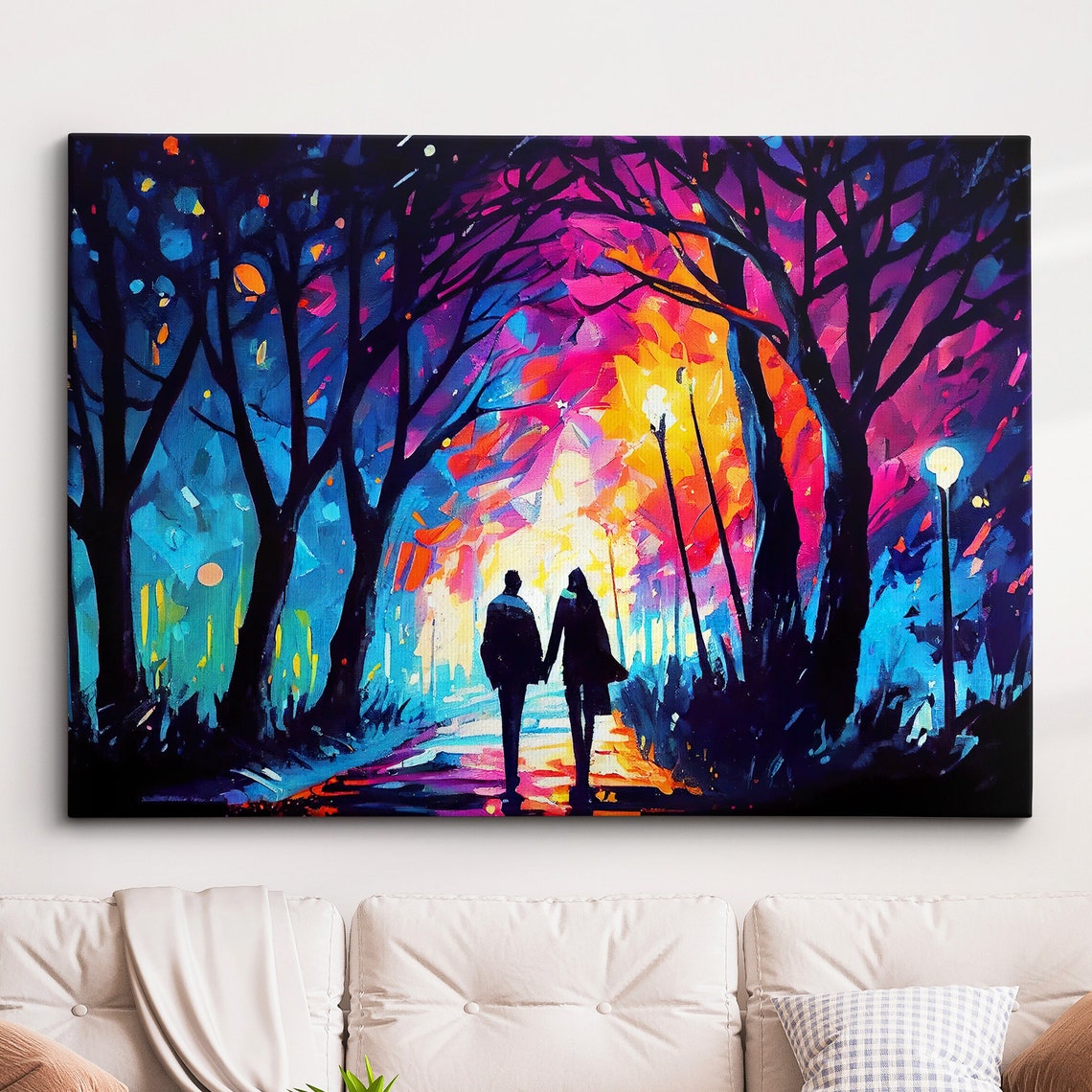 Couple Walking Under Starry Night Colorful Abstract Painting Poster