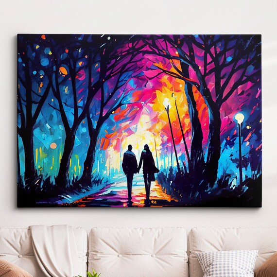 Couple Walking Starry Night Abstract Oil Painting Style Wall Art Framed Canvas Poster Print Home Kitchen Office Room Decor Gifts