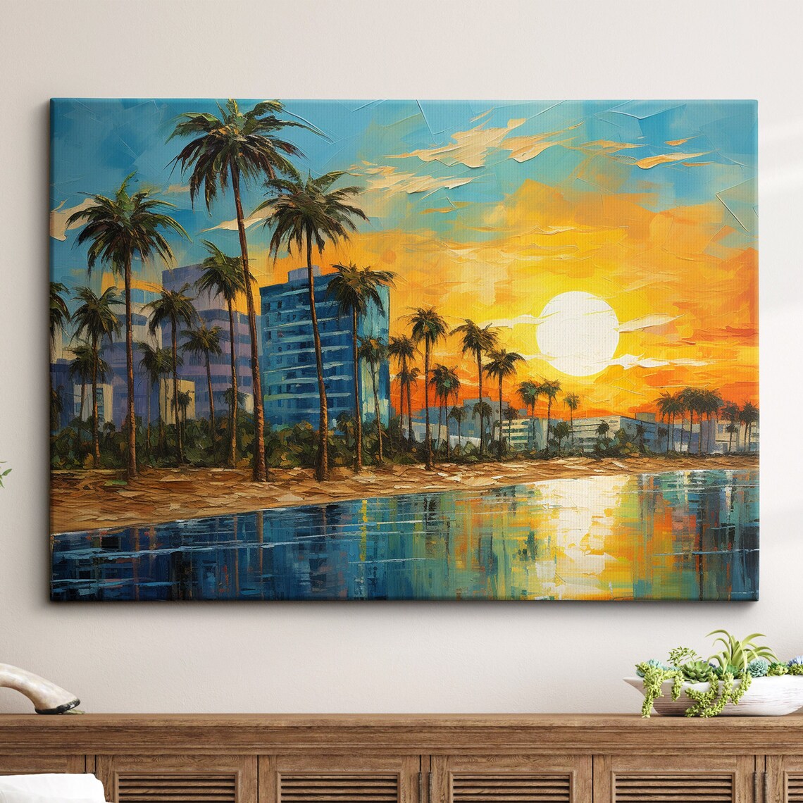Miami Beach Sunset Palm Trees Waterfront Oil Painting Canvas Wall Poster