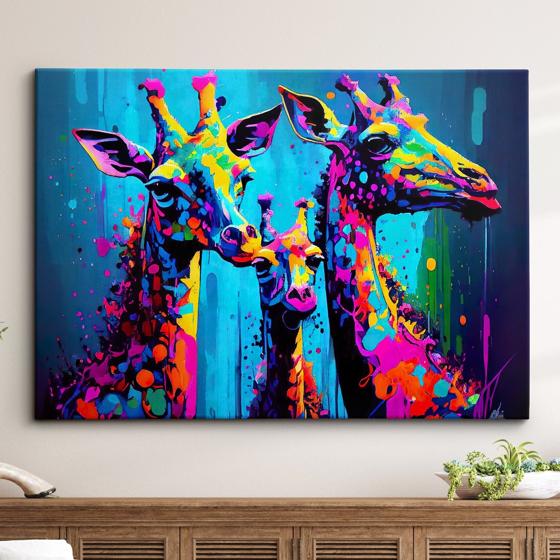 Three Colorful Giraffe Heads on Teal Background Abstract Wall Art