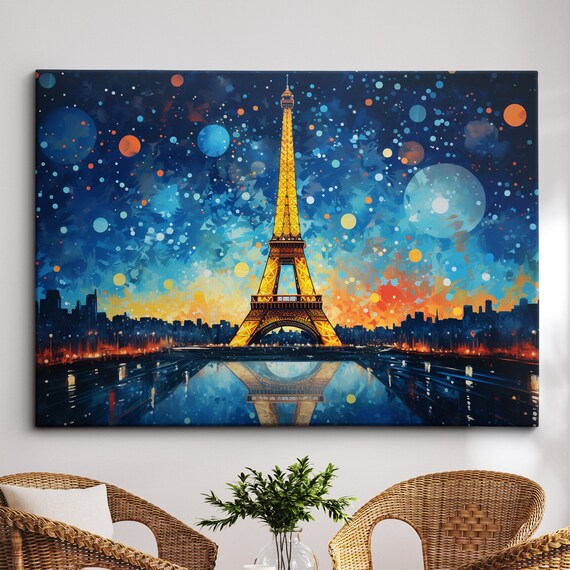 Eiffel Tower Paris France Starry Night Painting Abstract Art Wall Framed Canvas Poster Print Home Kitchen Office Room Decor Gifts