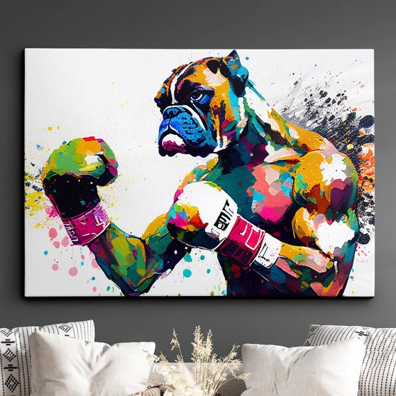 Boxer Boxing Gloves Abstract Dog Pet Animal Painting Splatter Wall Art Framed Canvas Poster Print Home Kitchen Office Room Decor Gifts