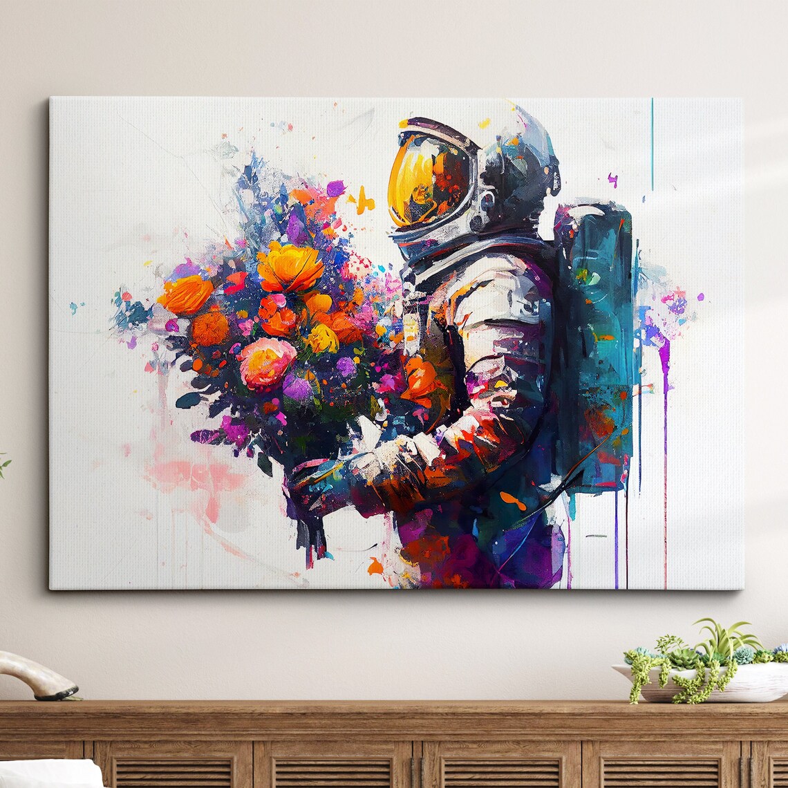 Astronaut with Colorful Flower Bouquet Watercolor Art Poster
