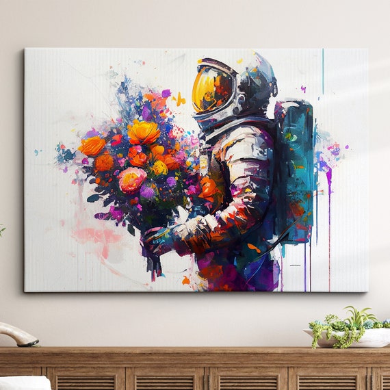 Astronaut Bouquet Flowers Burst Floral Abstract Oil Painting Wall Art Framed Canvas Poster Print Home Kitchen Office Room Decor Gifts