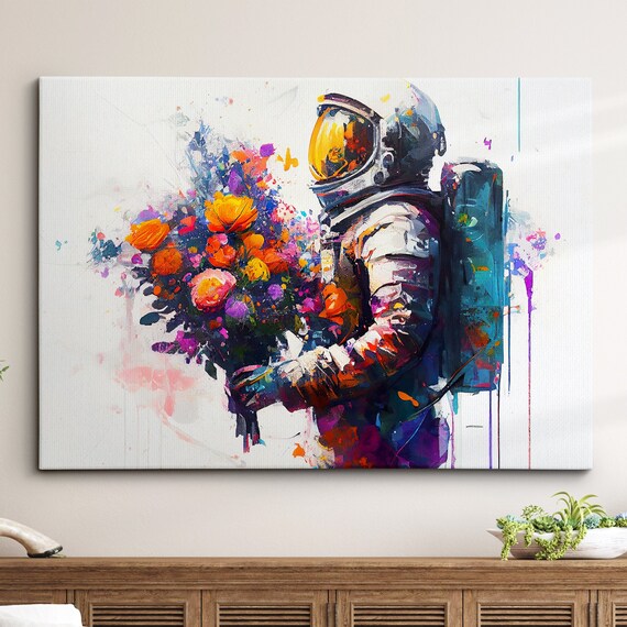 Astronaut with Colorful Flower Bouquet Watercolor Art Poster