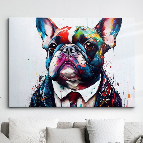 French Bulldog In Suit Dog Pet Abstract Modern Painting Wall Art Framed Canvas Poster Print Home Kitchen Office Room Decor Gifts