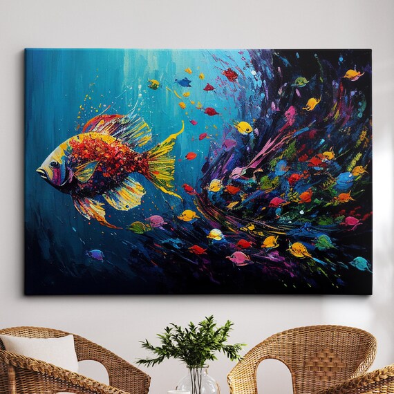 Fish Shoal Swimming Painting Splatter Colorful Wall Art Framed Canvas Poster Print Homeoffice Room Decor Gifts