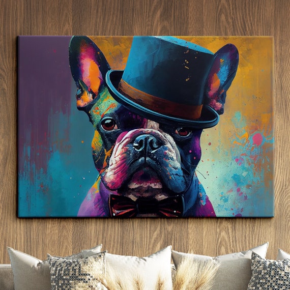 French Bulldog Hat Fun Animal Dog Pet Lover Abstract Oil Painting Wall Art Framed Canvas Poster Print Home Kitchen Office Room Decor Gifts