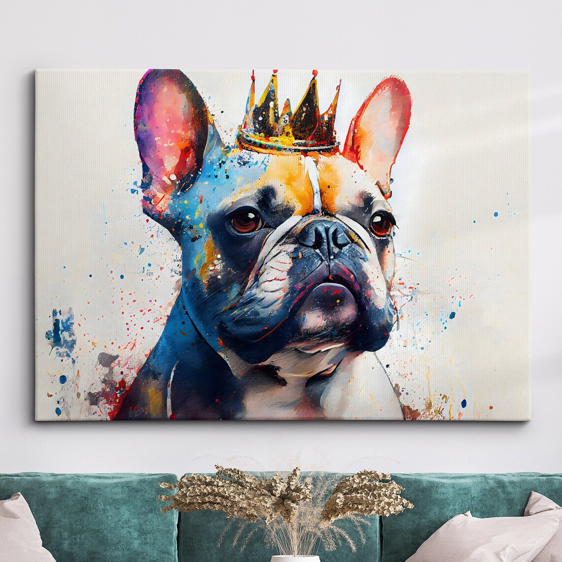 Crowned French Bulldog Watercolor Splatter Dog Portrait Canvas Poster