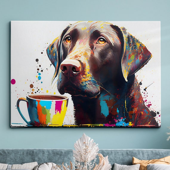 Labrador With Coffee Mug Dog Pet Abstract Modern Painting Wall Art Framed Canvas Poster Print Home Kitchen Office Room Decor Gifts