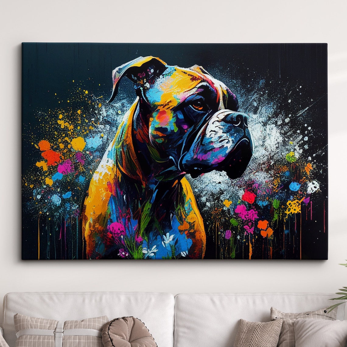 Boxer Dog with Wildflowers Dark Background Colorful Paint Poster