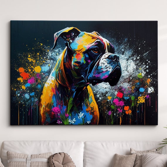 Boxer With Flowers Dog Pet Abstract Modern Oil Painting Wall Art Framed Canvas Poster Print Home Kitchen Office Room Decor Gifts