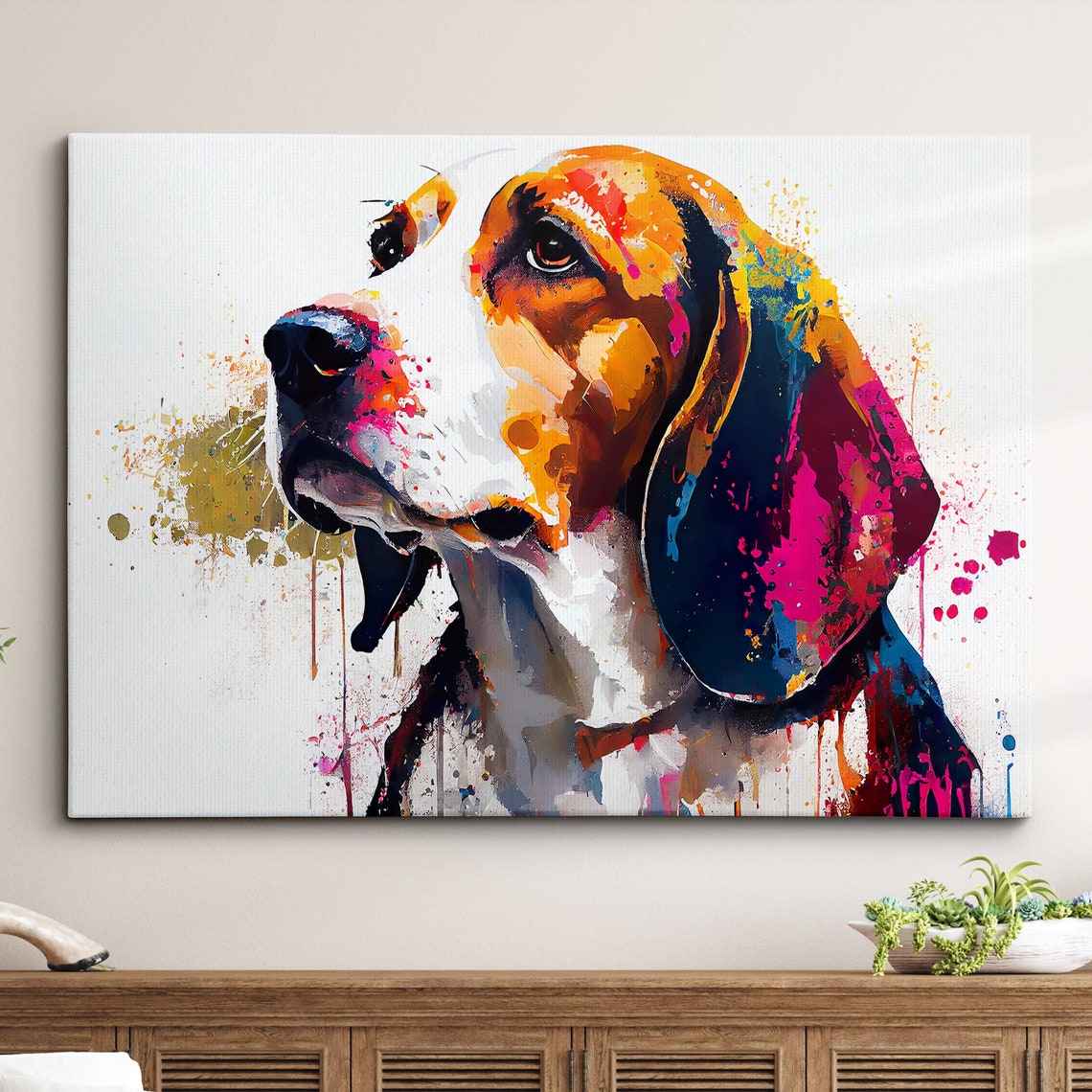 Beagle Dog Colorful Splash Abstract Modern Portrait Painting Wall Art