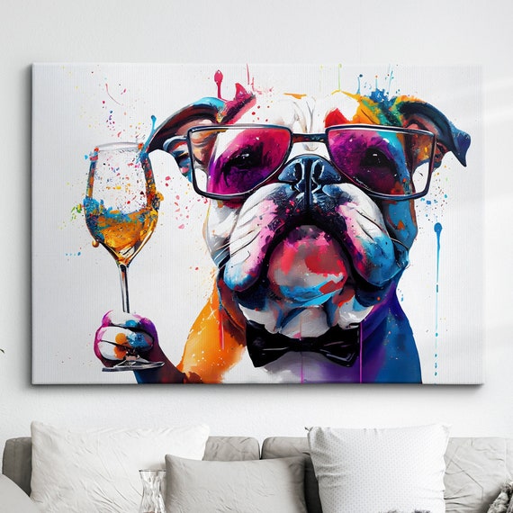 Bulldog Toasting Drink Dog Pet Abstract Modern Painting Wall Art Framed Canvas Poster Print Home Kitchen Office Room Decor Gifts