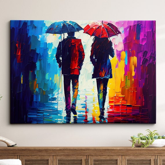Couple Walking In The Rain Umbrella Abstract Oil Painting Style Wall Art Framed Canvas Poster Print Home Kitchen Office Room Decor Gifts