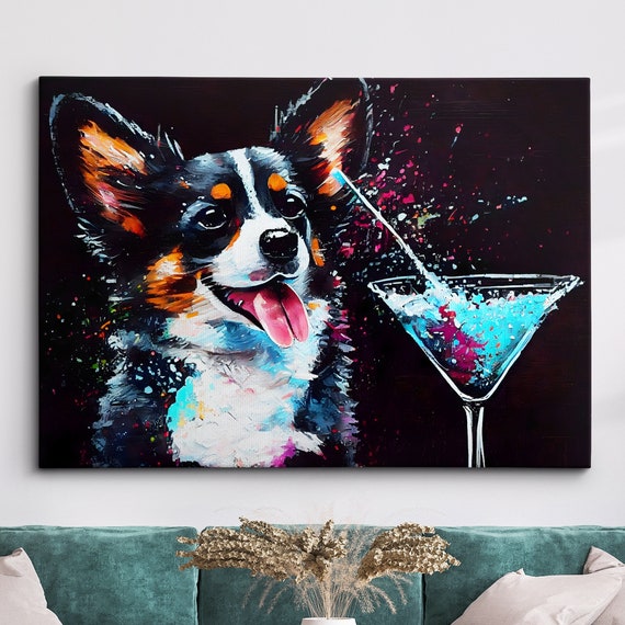 Corgi Toasting Drink Dog Pet Abstract Modern Painting Wall Art Framed Canvas Poster Print Home Kitchen Office Room Decor Gifts